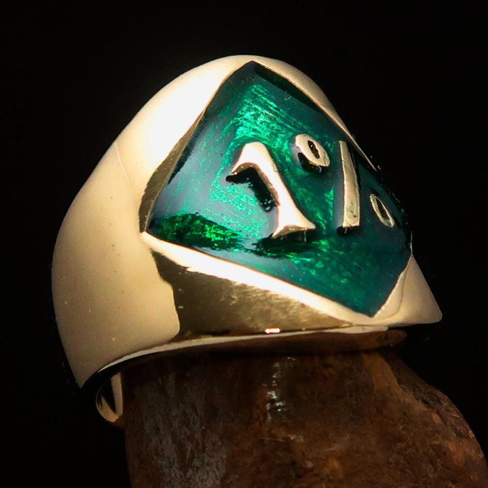 Men's green Outlaw Biker Ring made of solid brass with high polish and enamel finish, featuring a diamond accent.