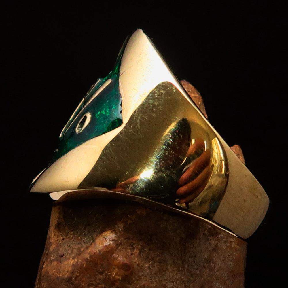 Men's green Outlaw Biker Ring made of solid brass with high polish and enamel finish, featuring a diamond accent.