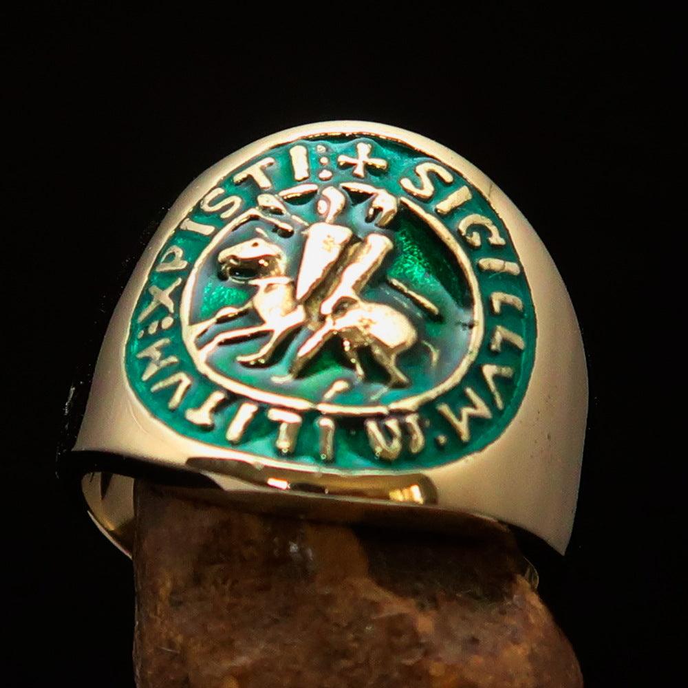 Men's Green Templar Knights Seal Ring made of solid brass with high polish and green enamel finish, showcasing intricate design.