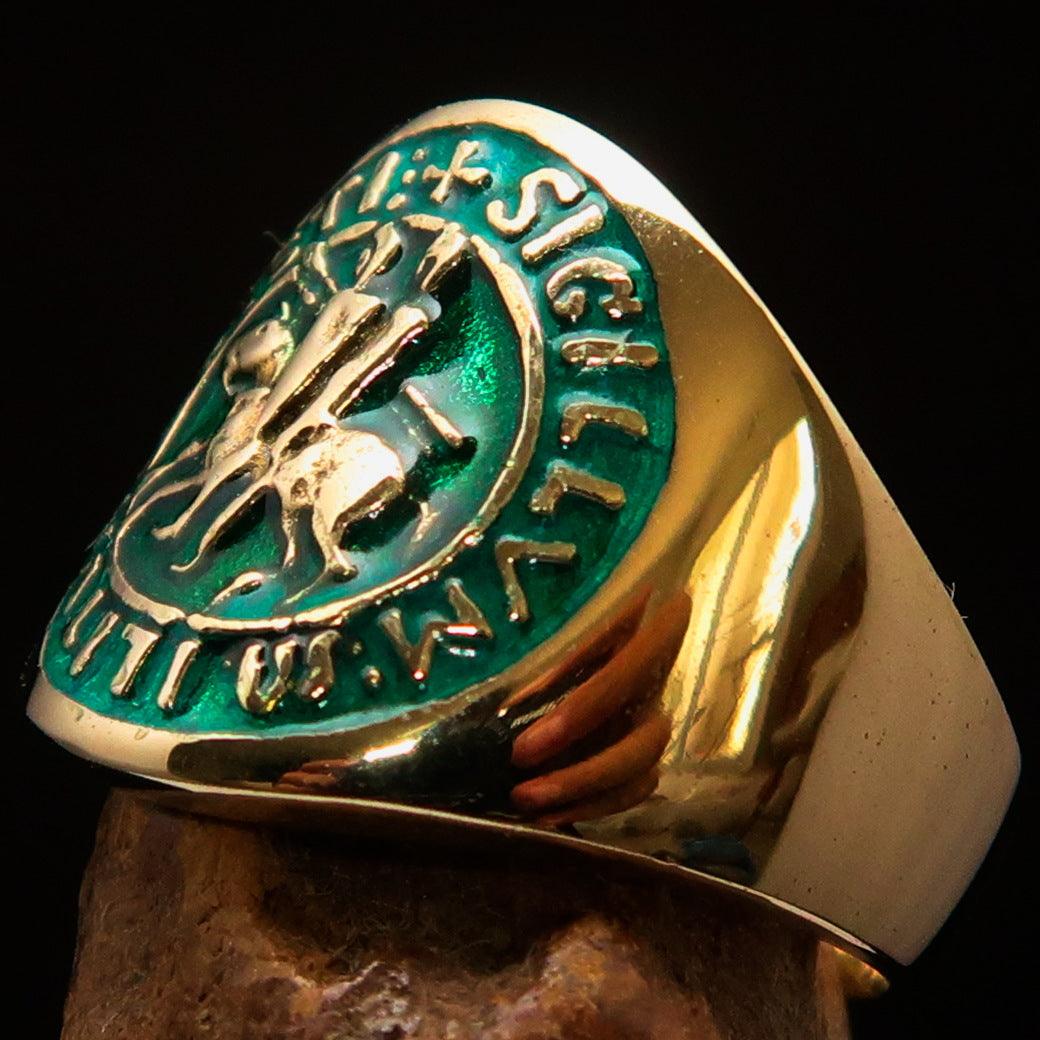 Men's Green Templar Knights Seal Ring made of solid brass with high polish and green enamel finish, showcasing intricate design.