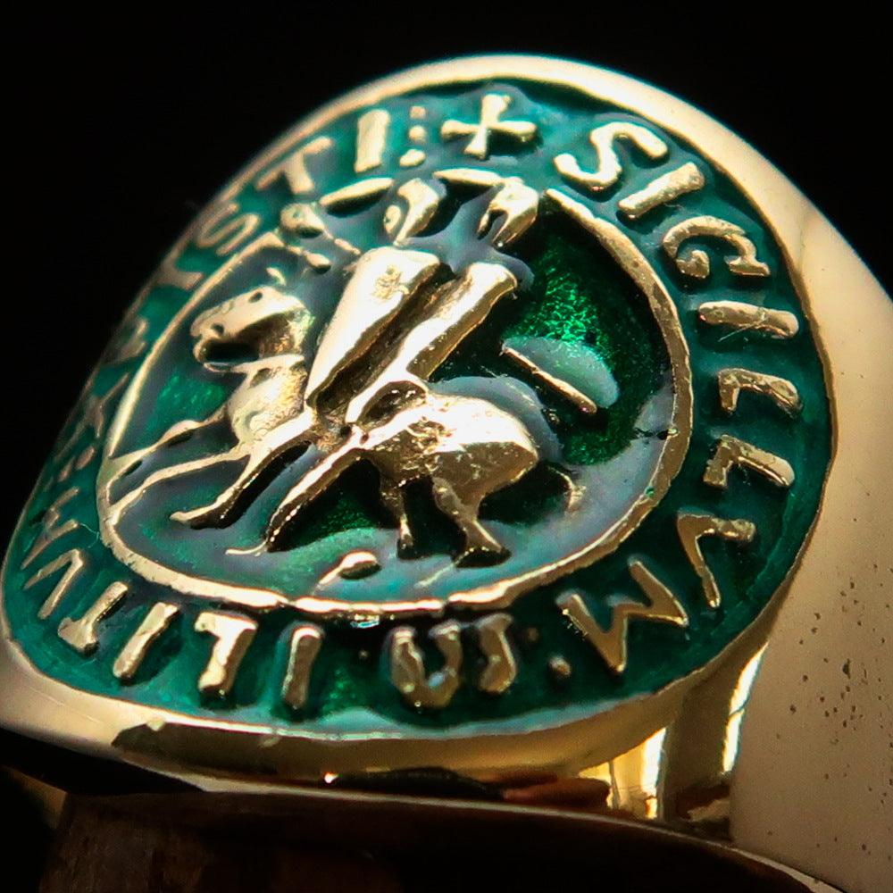 Men's Green Templar Knights Seal Ring made of solid brass with high polish and green enamel finish, showcasing intricate design.