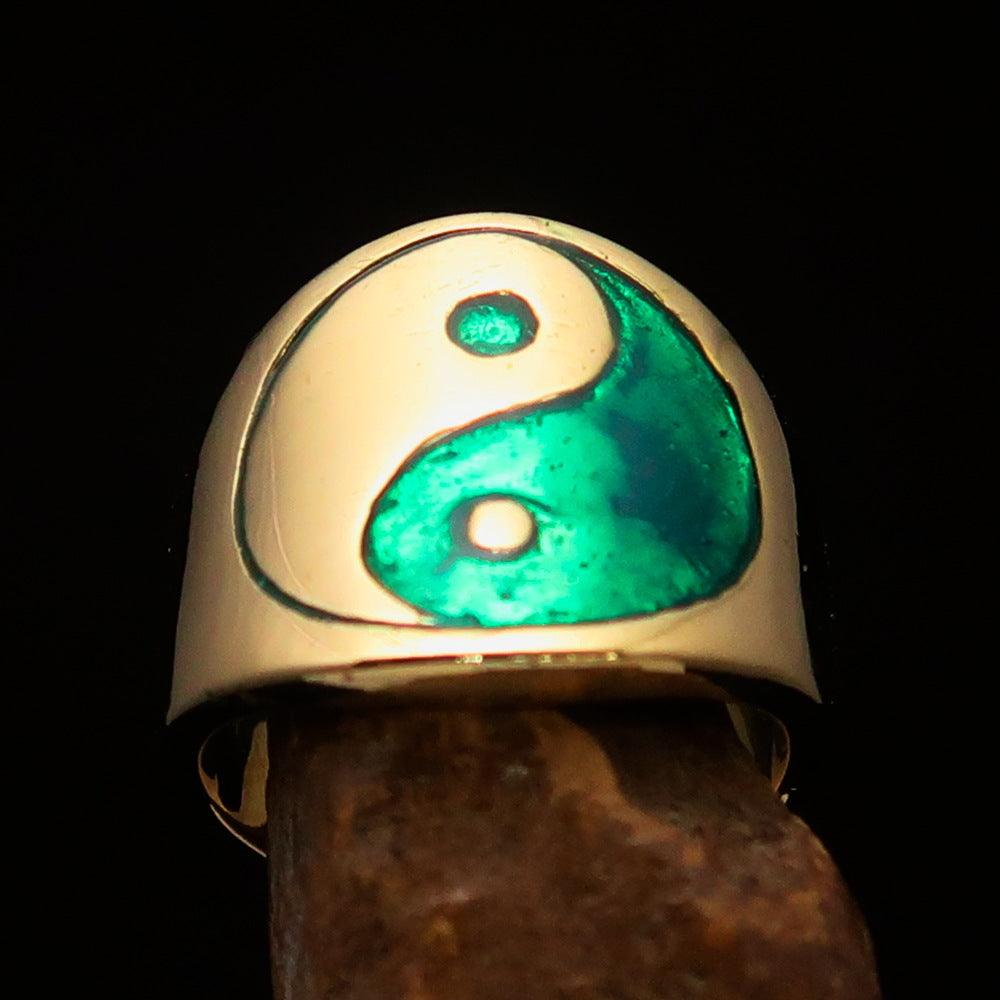 Men's green Yin Yang pinky ring made of solid brass with high-polished finish and vibrant green enamel.