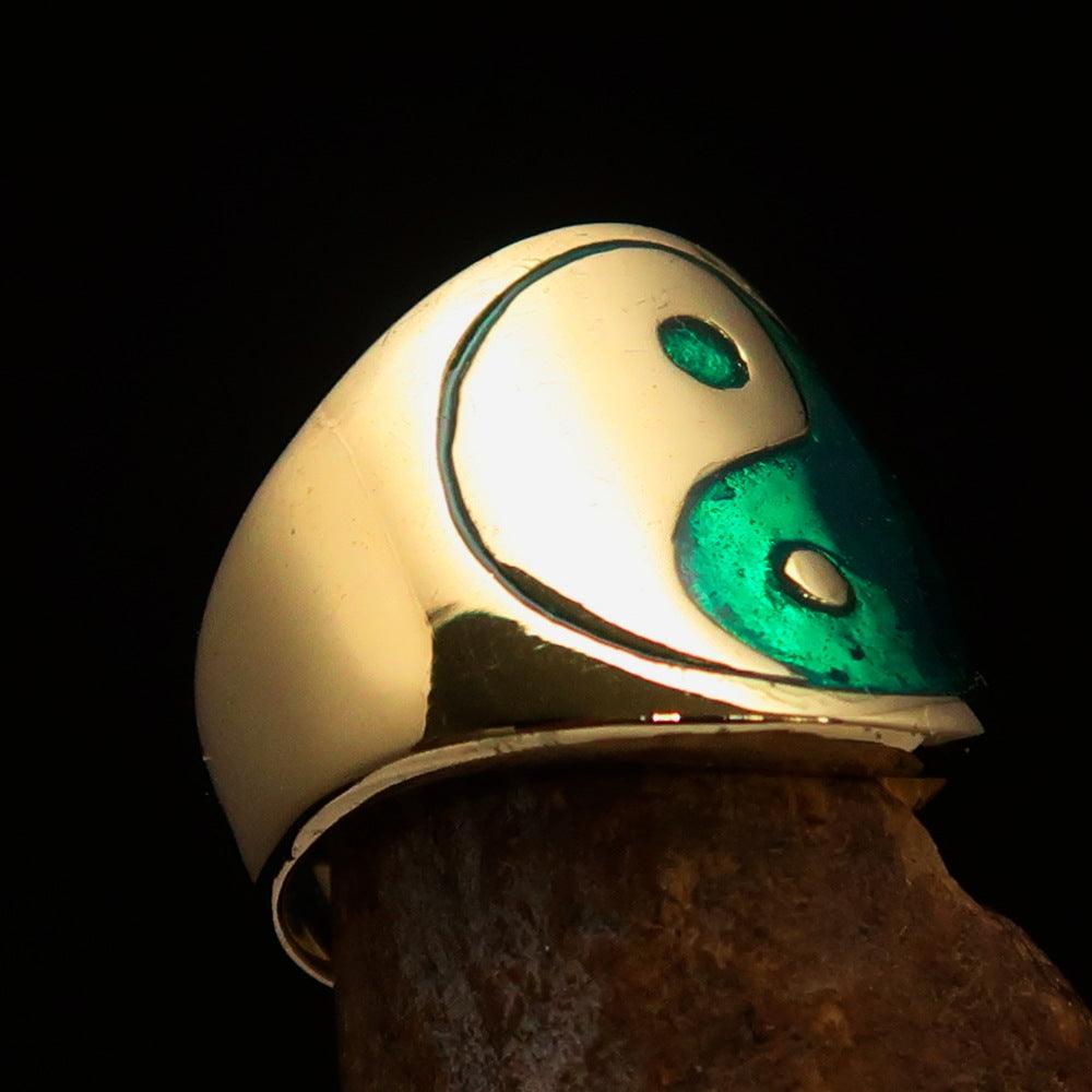 Men's green Yin Yang pinky ring made of solid brass with high-polished finish and vibrant green enamel.