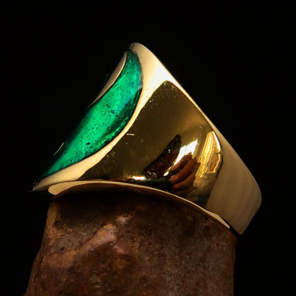 Men's green Yin Yang pinky ring made of solid brass with high-polished finish and vibrant green enamel.