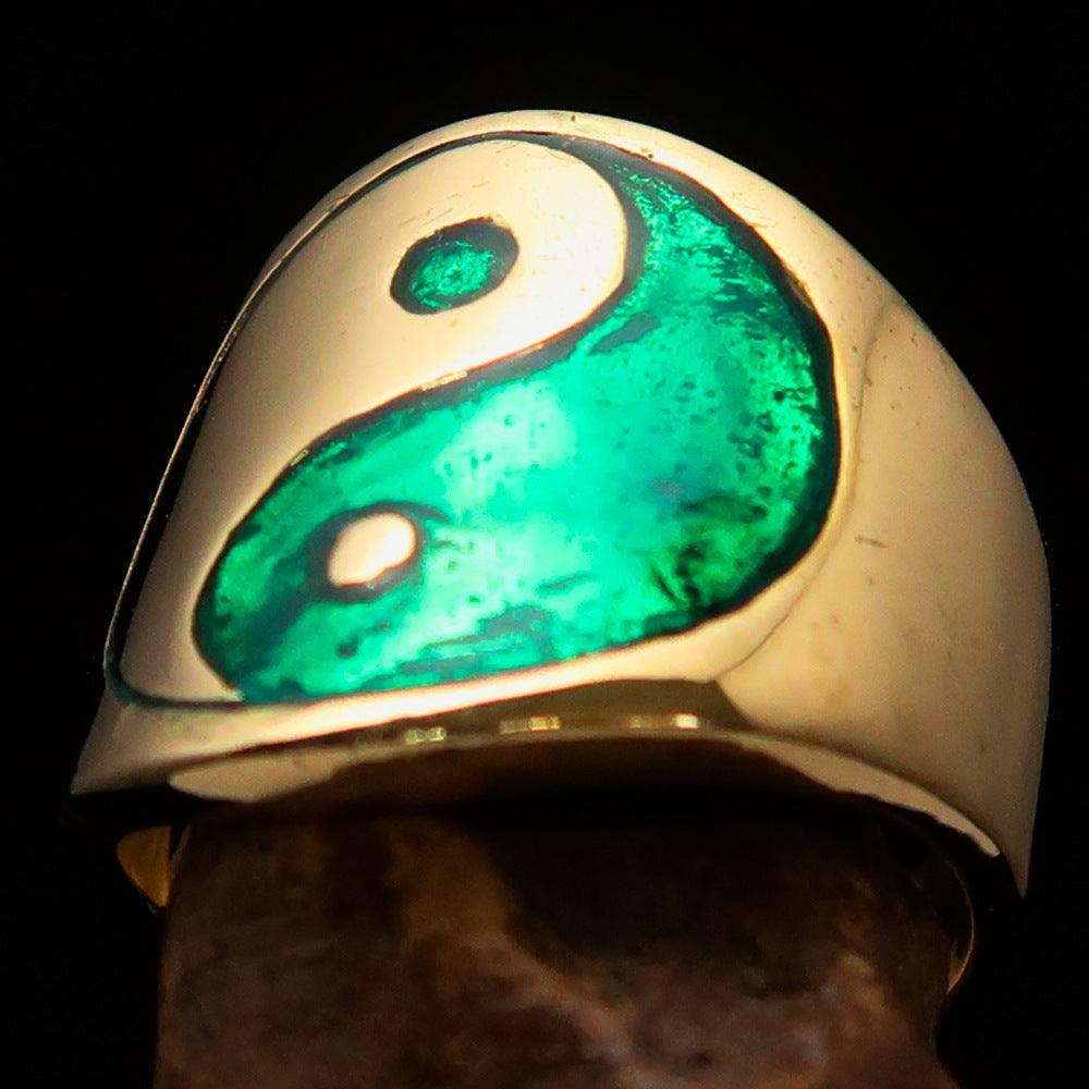 Men's green Yin Yang pinky ring made of solid brass with high-polished finish and vibrant green enamel.