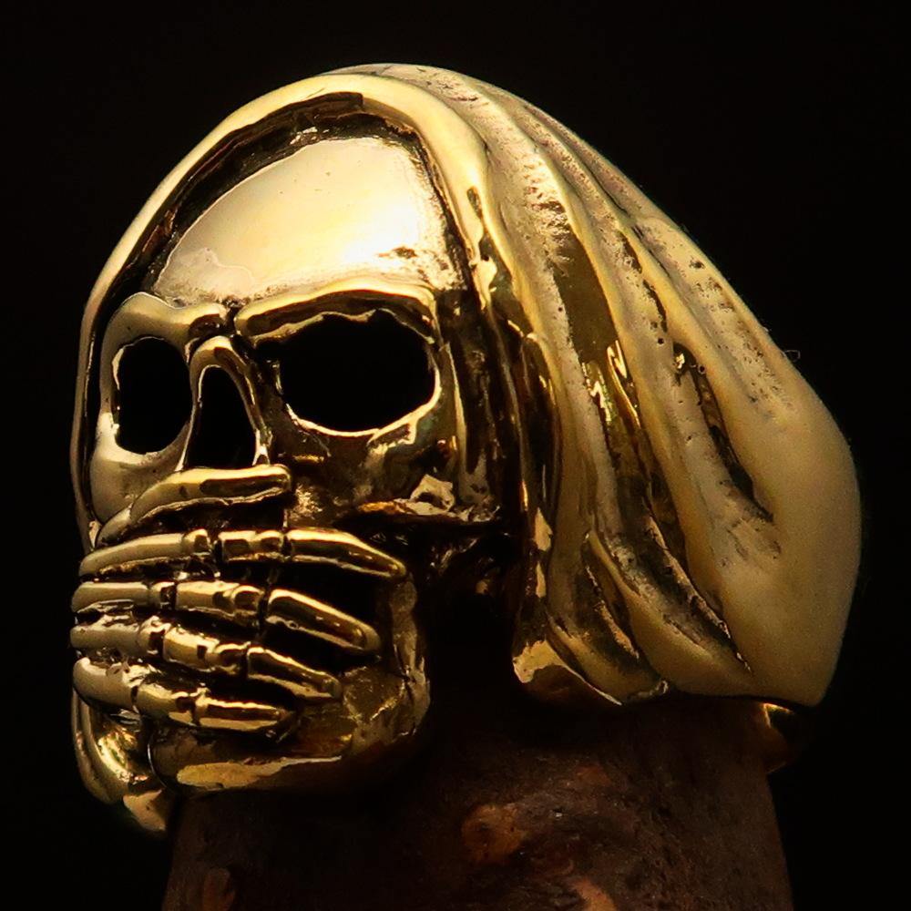 Men's Grim Reaper Skull Ring made of solid brass with high polished and antiqued finish, showcasing intricate skull design.