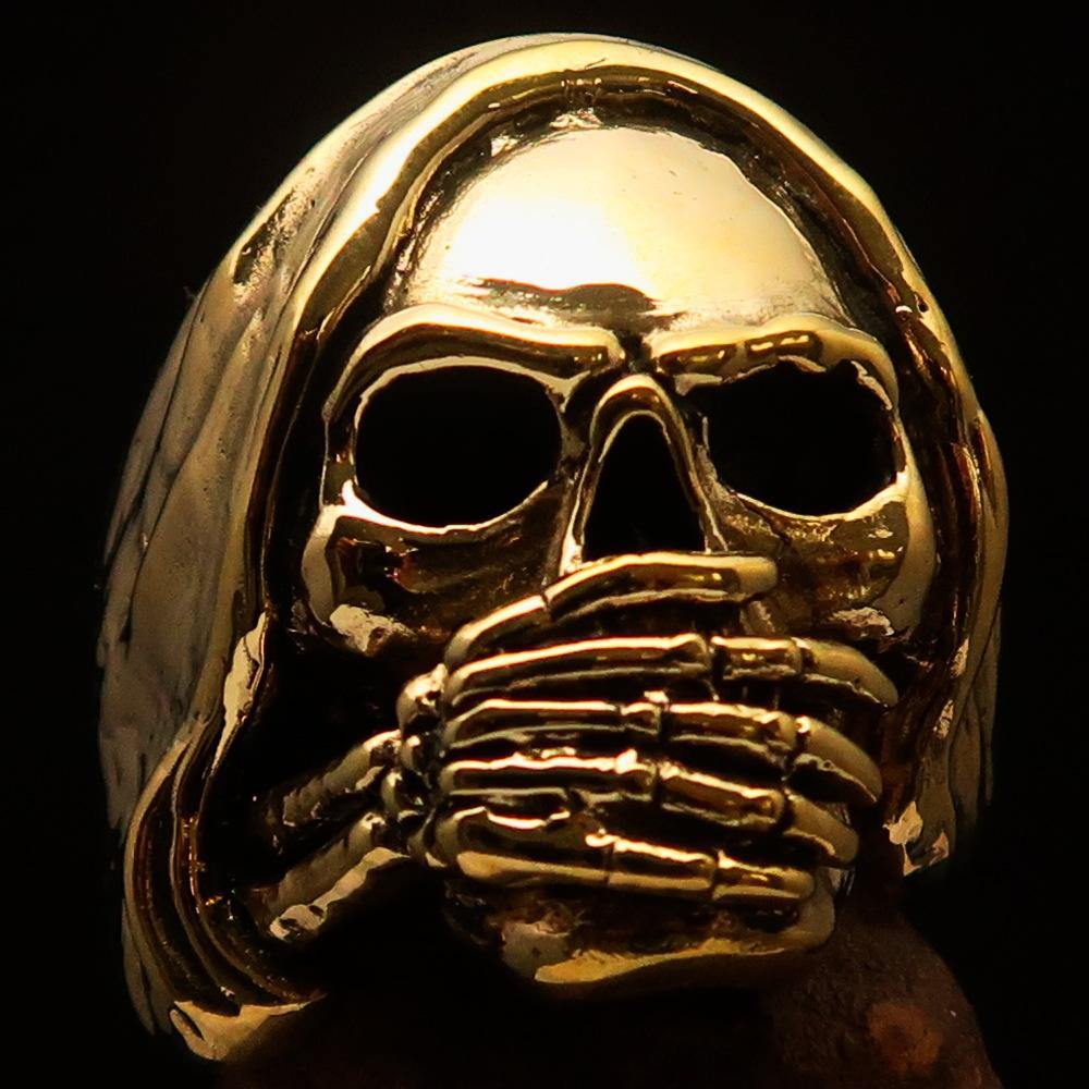 Men's Grim Reaper Skull Ring made of solid brass with high polished and antiqued finish, showcasing intricate skull design.