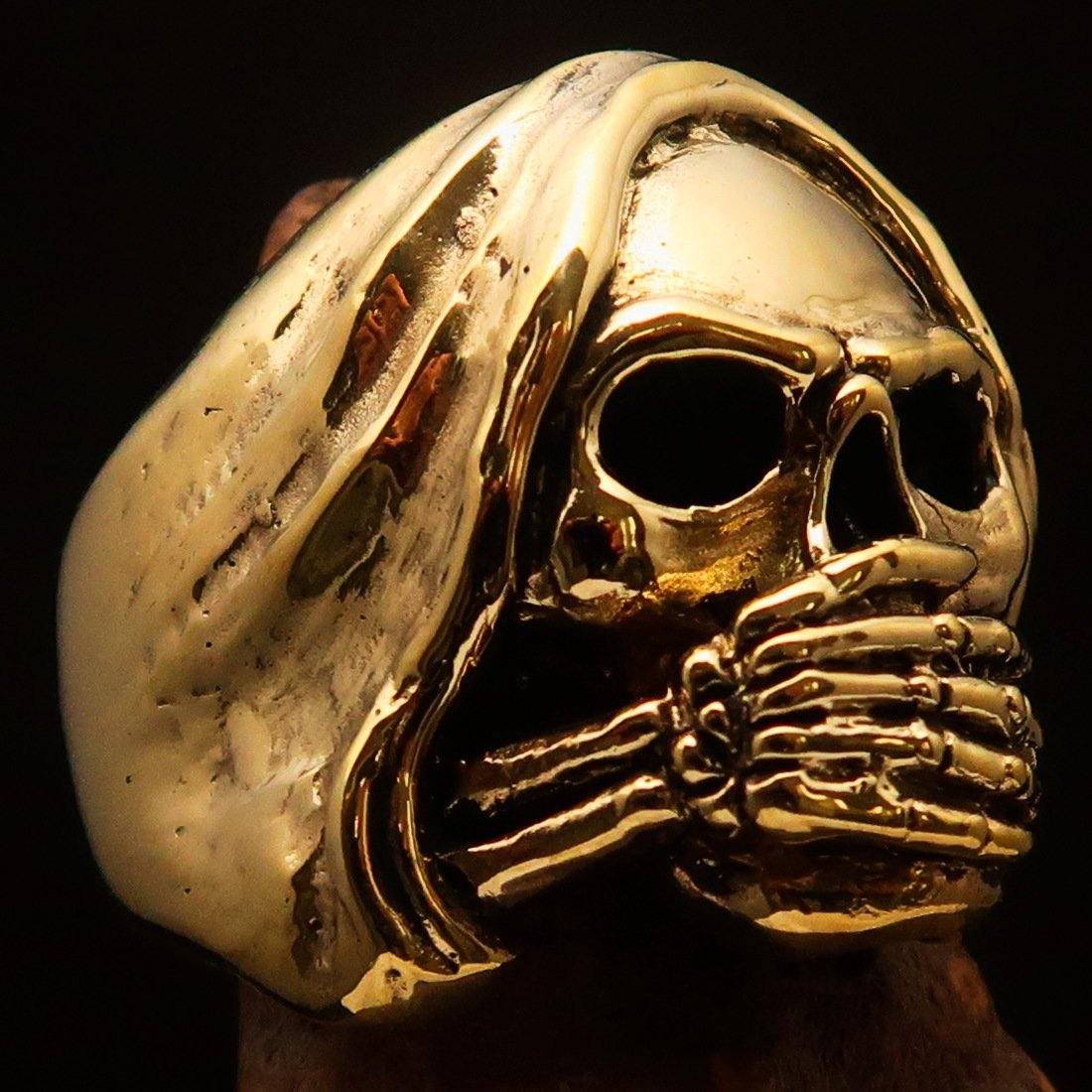 Men's Grim Reaper Skull Ring made of solid brass with high polished and antiqued finish, showcasing intricate skull design.