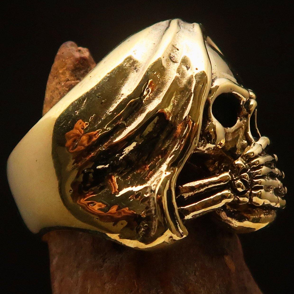 Men's Grim Reaper Skull Ring made of solid brass with high polished and antiqued finish, showcasing intricate skull design.