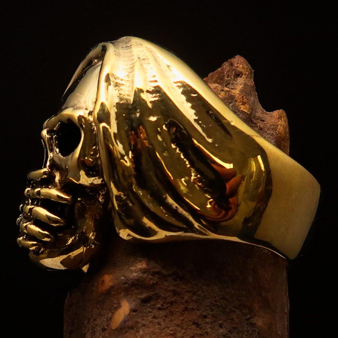 Men's Grim Reaper Skull Ring made of solid brass with high polished and antiqued finish, showcasing intricate skull design.