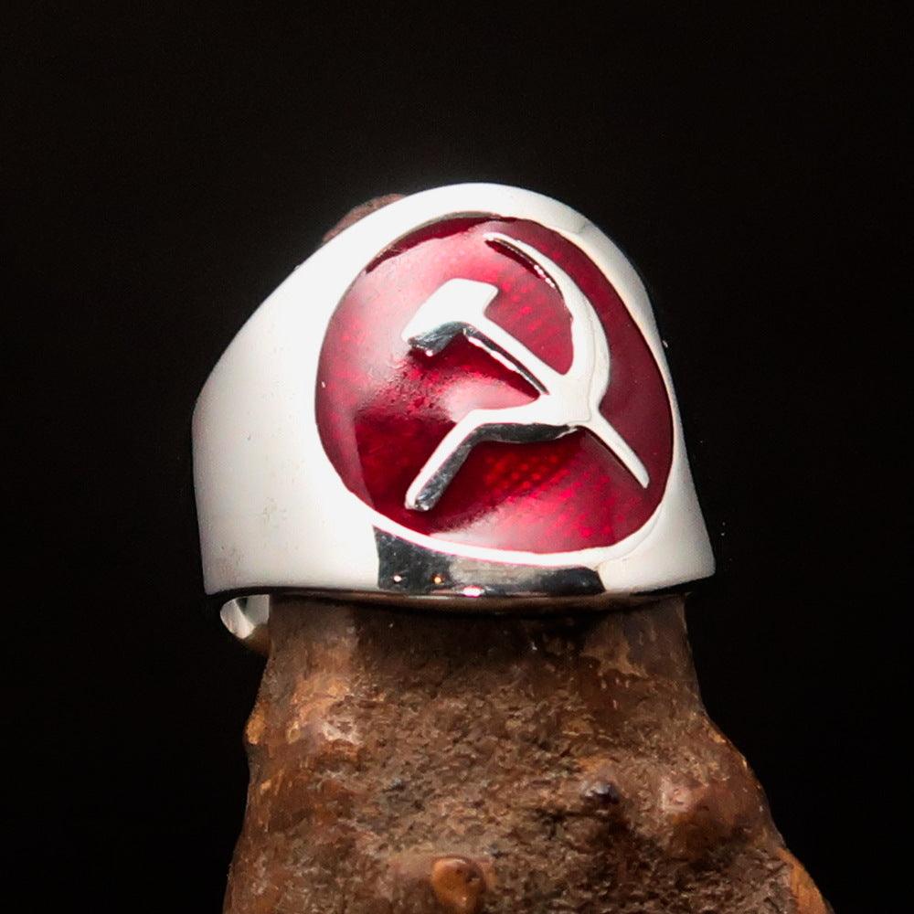 Men's Hammer and Sickle Crest Ring in red, crafted from solid sterling silver with high polish and enamel finish.