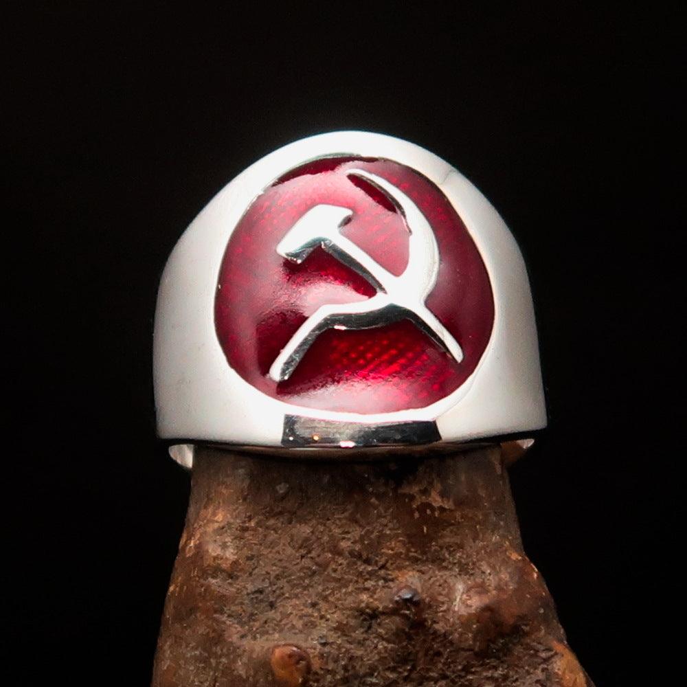 Men's Hammer and Sickle Crest Ring in red, crafted from solid sterling silver with high polish and enamel finish.