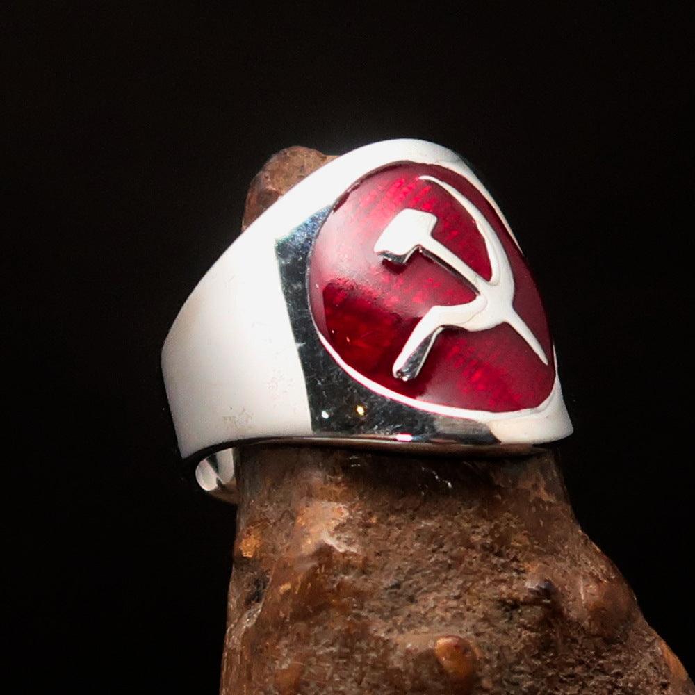 Men's Hammer and Sickle Crest Ring in red, crafted from solid sterling silver with high polish and enamel finish.