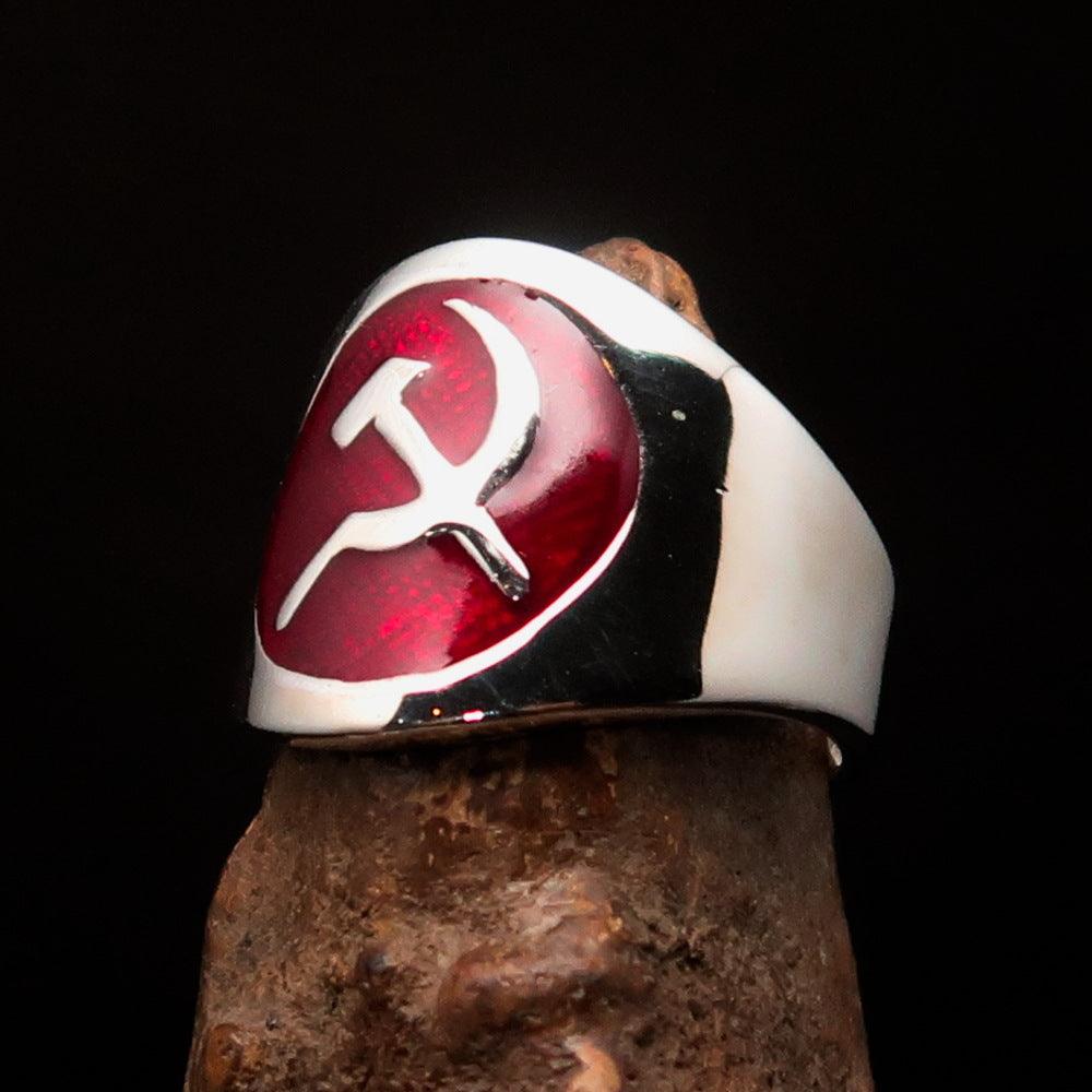 Men's Hammer and Sickle Crest Ring in red, crafted from solid sterling silver with high polish and enamel finish.