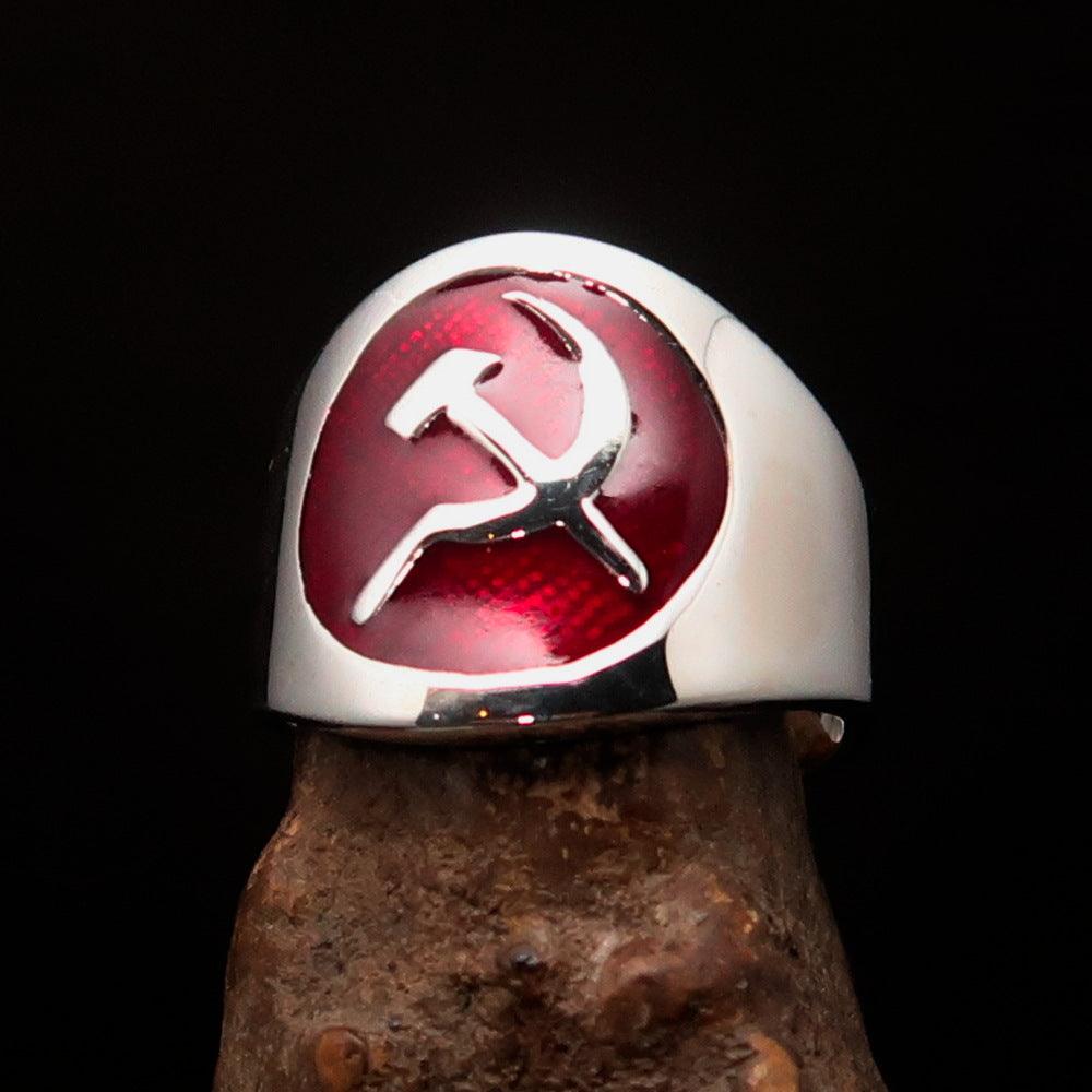 Men's Hammer and Sickle Crest Ring in red, crafted from solid sterling silver with high polish and enamel finish.