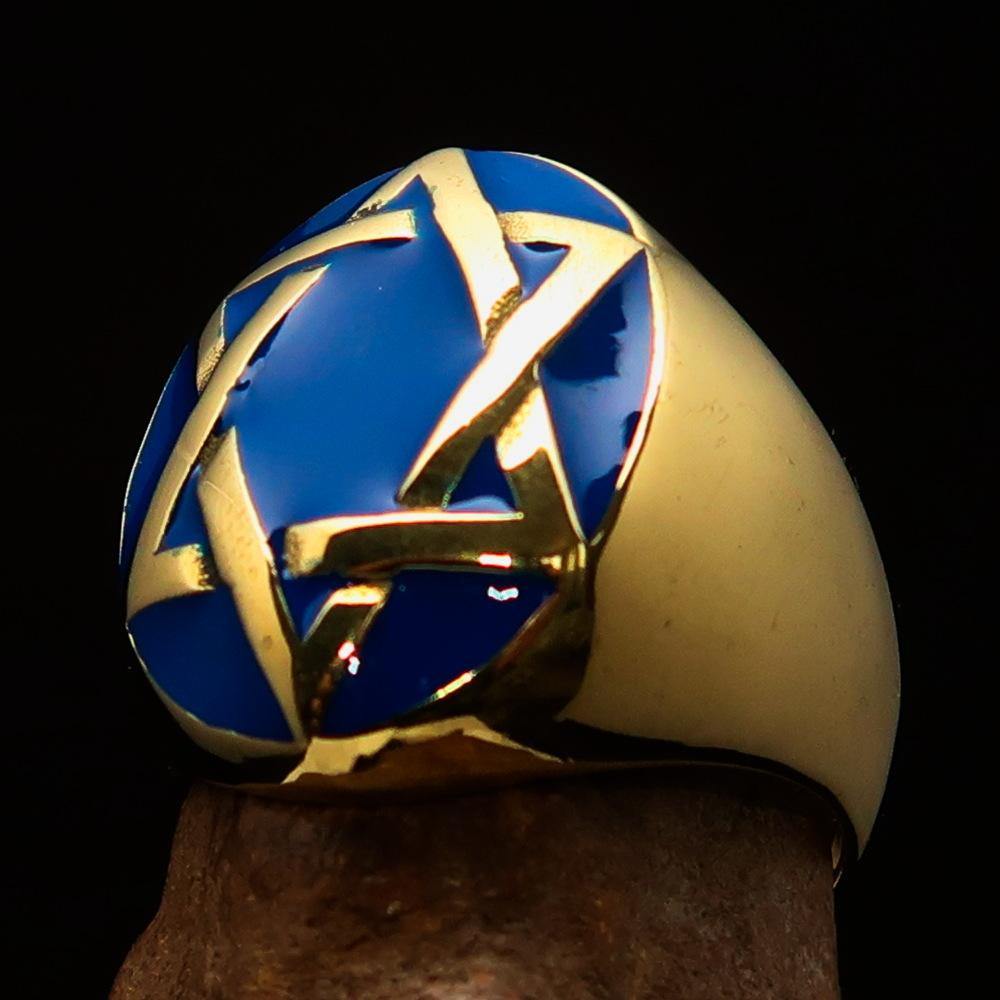 Men's Hebrew Ring made of solid brass featuring a blue Star of David design, high polished with enamel finish.