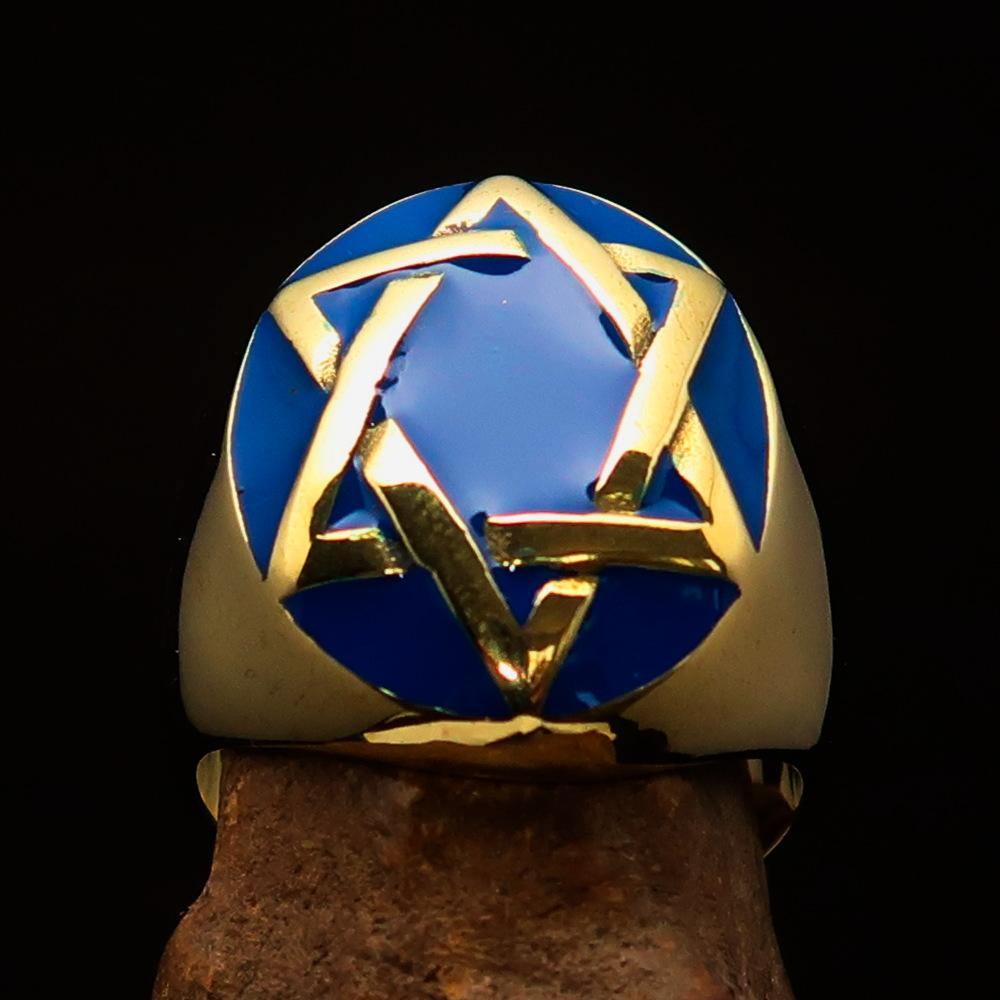 Men's Hebrew Ring made of solid brass featuring a blue Star of David design, high polished with enamel finish.