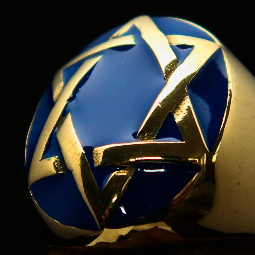 Men's Hebrew Ring made of solid brass featuring a blue Star of David design, high polished with enamel finish.