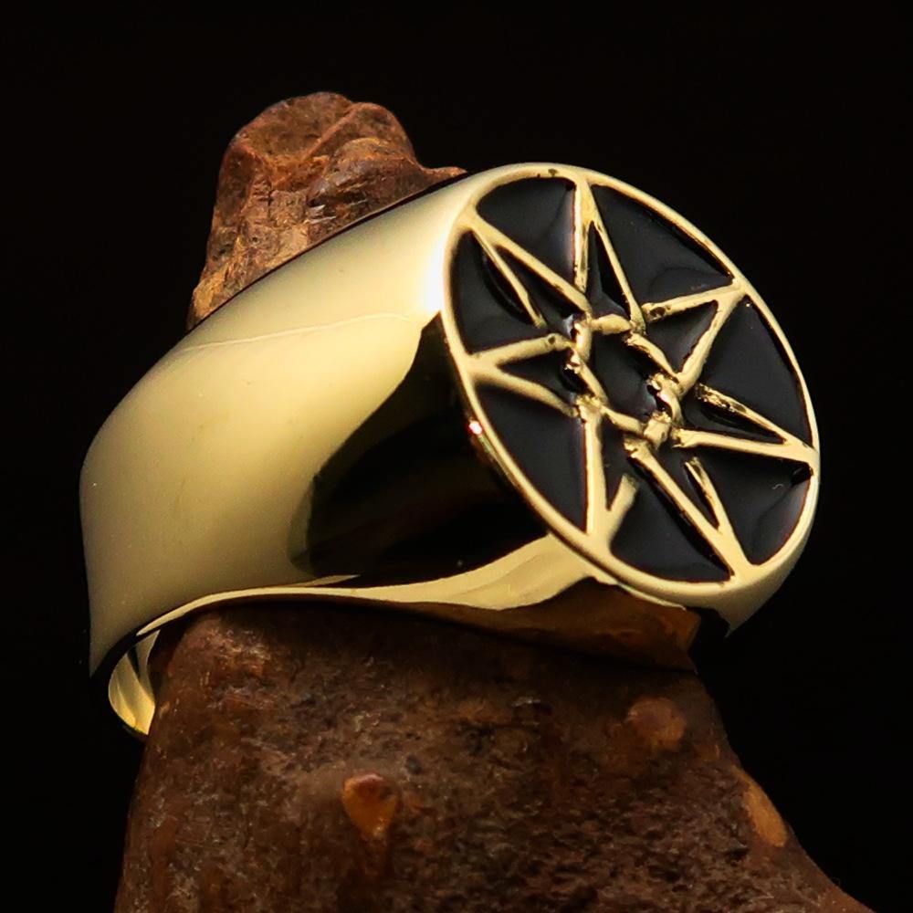 Men's Heptagon Ring featuring a black enamel finish and solid brass construction, showcasing a unique seven-sided polygon design.