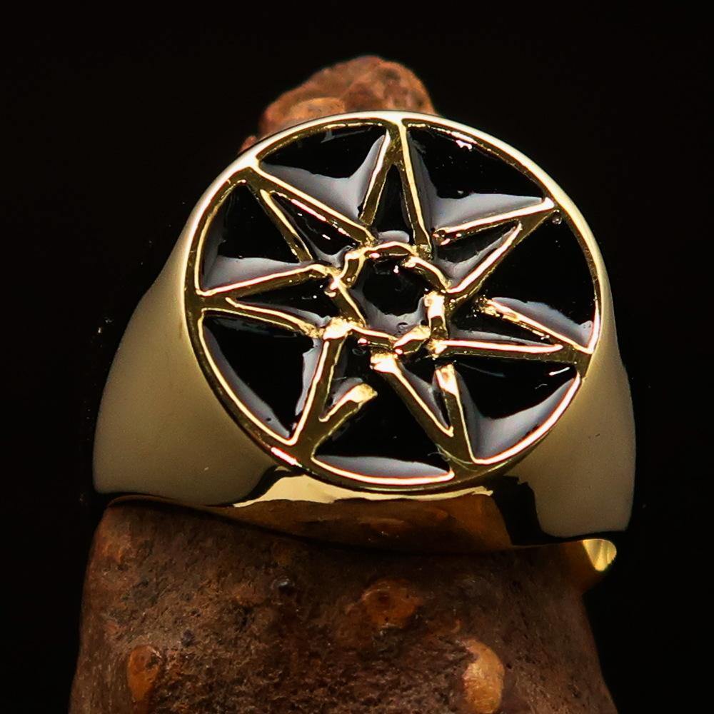 Men's Heptagon Ring featuring a black enamel finish and solid brass construction, showcasing a unique seven-sided polygon design.