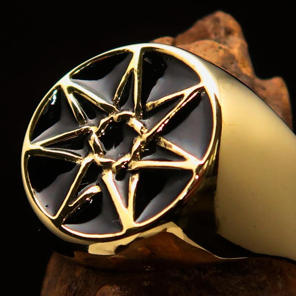 Men's Heptagon Ring featuring a black enamel finish and solid brass construction, showcasing a unique seven-sided polygon design.