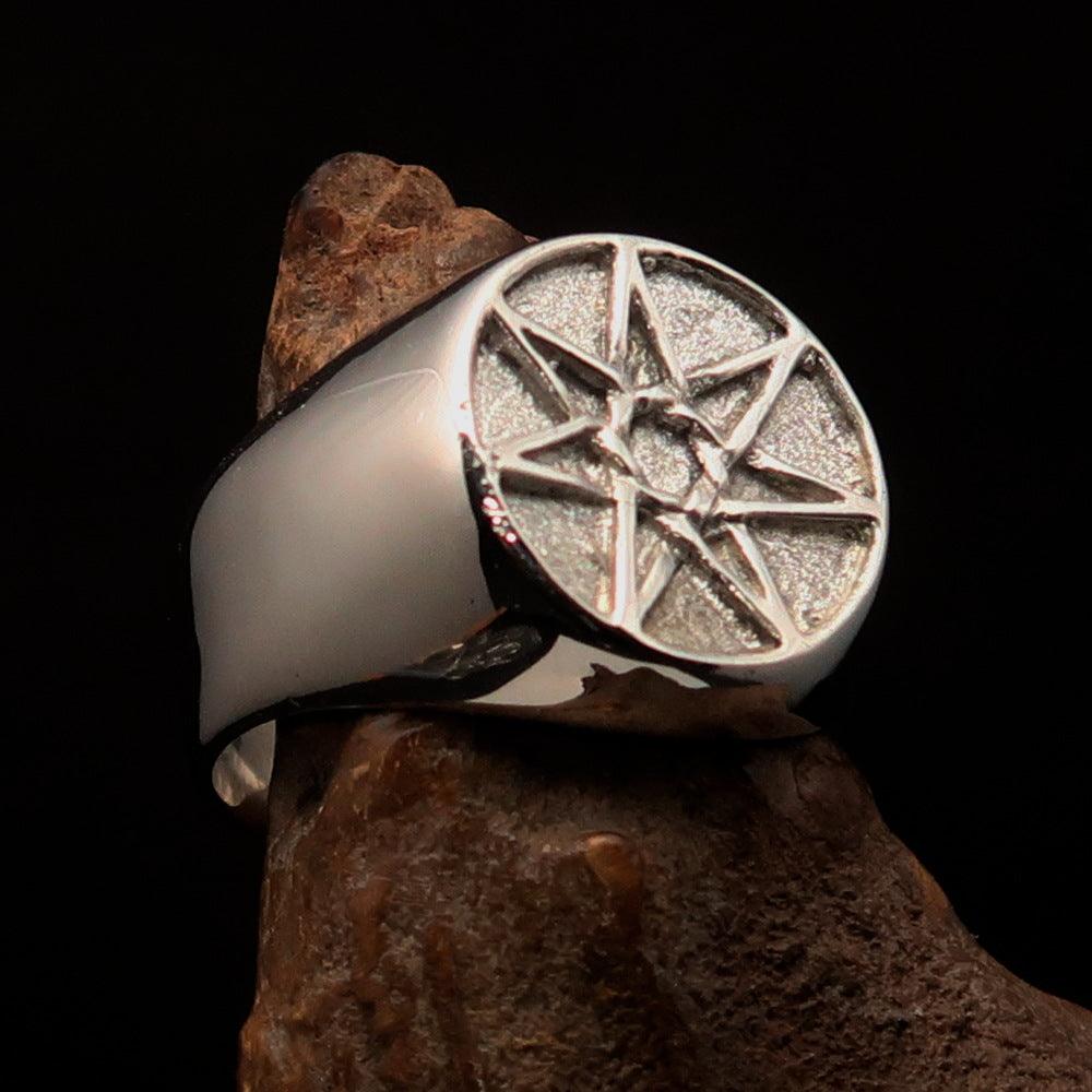 Men's Heptagon Ring in solid sterling silver with a high polished and matte finish, showcasing its unique seven-sided design.