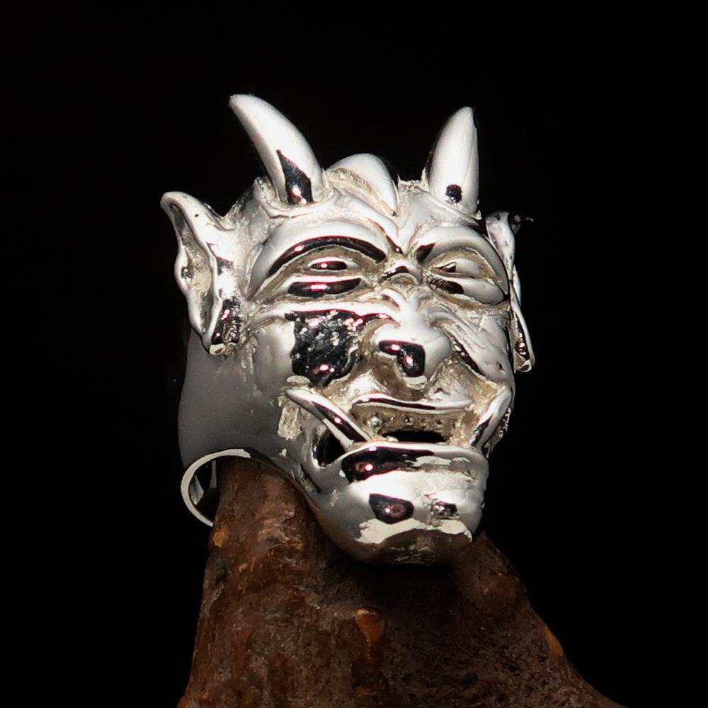 Men's horned Devil Ring made of mirror polished sterling silver, showcasing intricate details and a bold design.