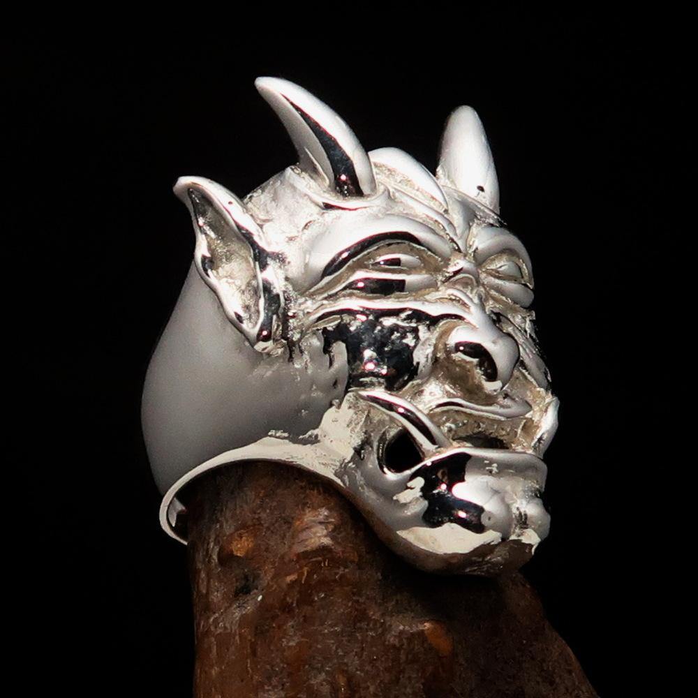 Men's horned Devil Ring made of mirror polished sterling silver, showcasing intricate details and a bold design.