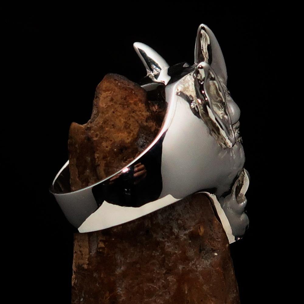 Men's horned Devil Ring made of mirror polished sterling silver, showcasing intricate details and a bold design.