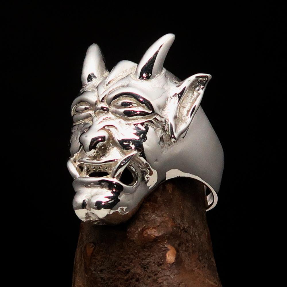 Men's horned Devil Ring made of mirror polished sterling silver, showcasing intricate details and a bold design.