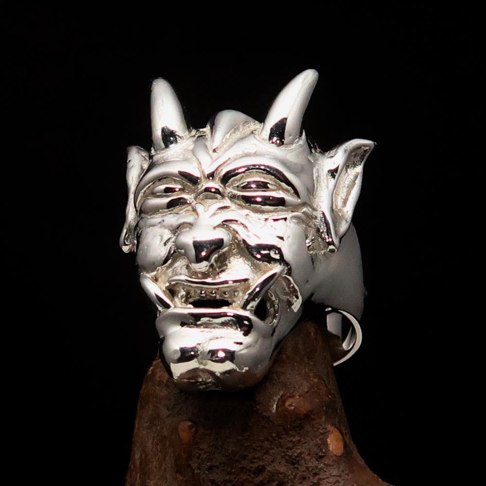 Men's horned Devil Ring made of mirror polished sterling silver, showcasing intricate details and a bold design.