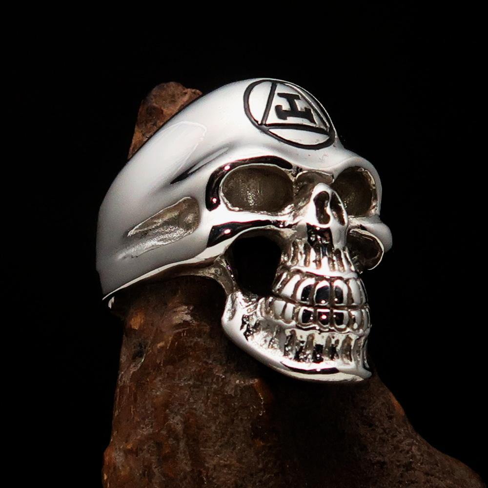 Men's Masonic Ring featuring a Black Archer Skull design, crafted from solid sterling silver with high polish finish and black enamel.