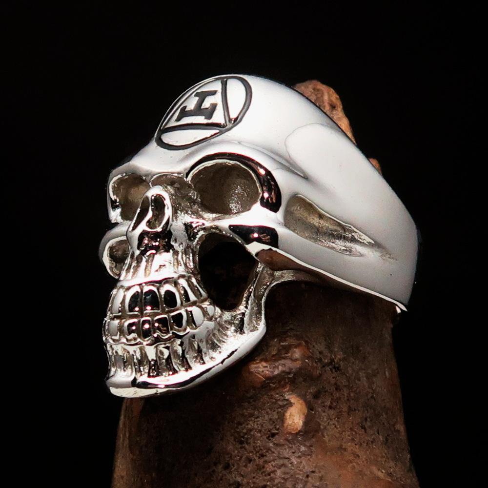 Men's Masonic Ring featuring a Black Archer Skull design, crafted from solid sterling silver with high polish finish and black enamel.