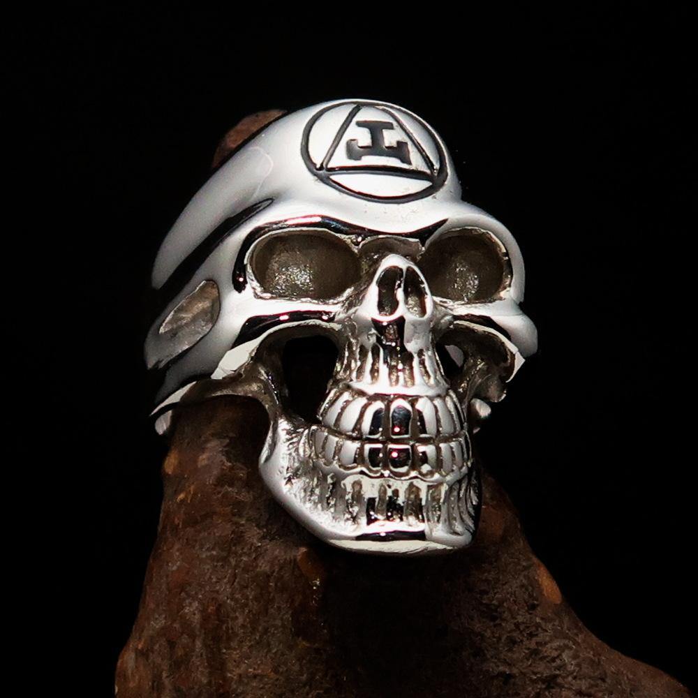 Men's Masonic Ring featuring a Black Archer Skull design, crafted from solid sterling silver with high polish finish and black enamel.