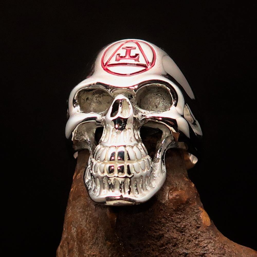 Men's Masonic Ring featuring a red Archer Skull design, crafted from high-polished sterling silver with a hallmark of 925.