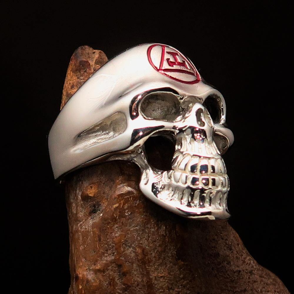 Men's Masonic Ring featuring a red Archer Skull design, crafted from high-polished sterling silver with a hallmark of 925.