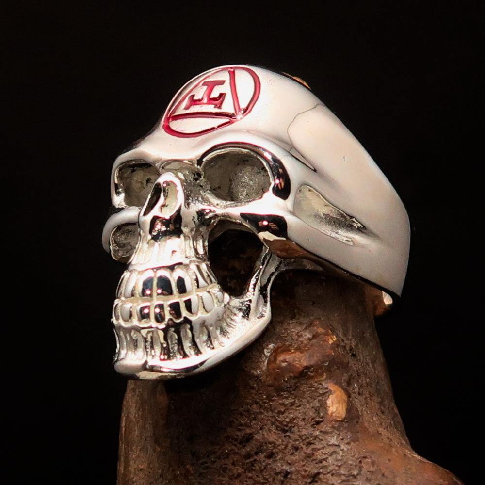 Men's Masonic Ring featuring a red Archer Skull design, crafted from high-polished sterling silver with a hallmark of 925.