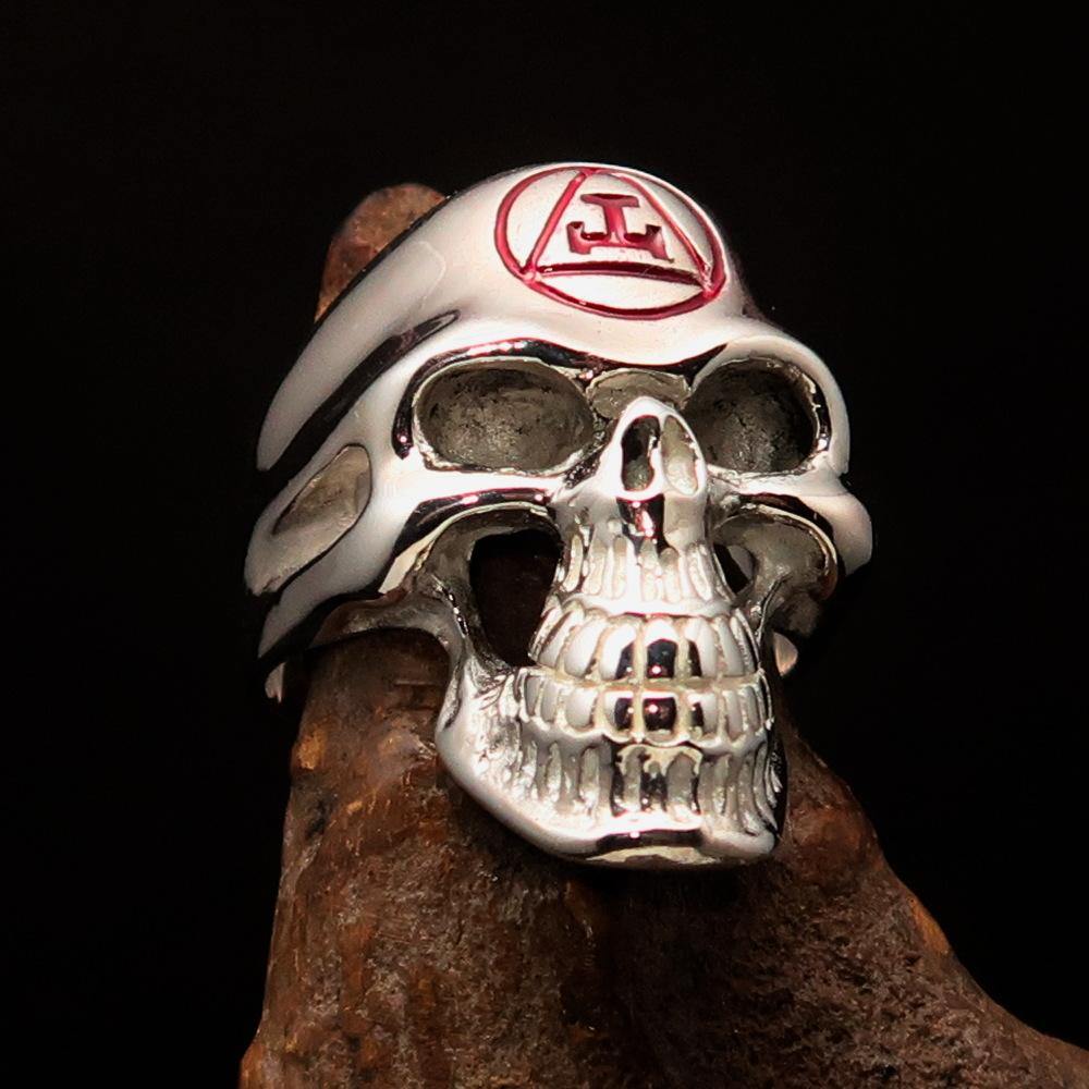 Men's Masonic Ring featuring a red Archer Skull design, crafted from high-polished sterling silver with a hallmark of 925.