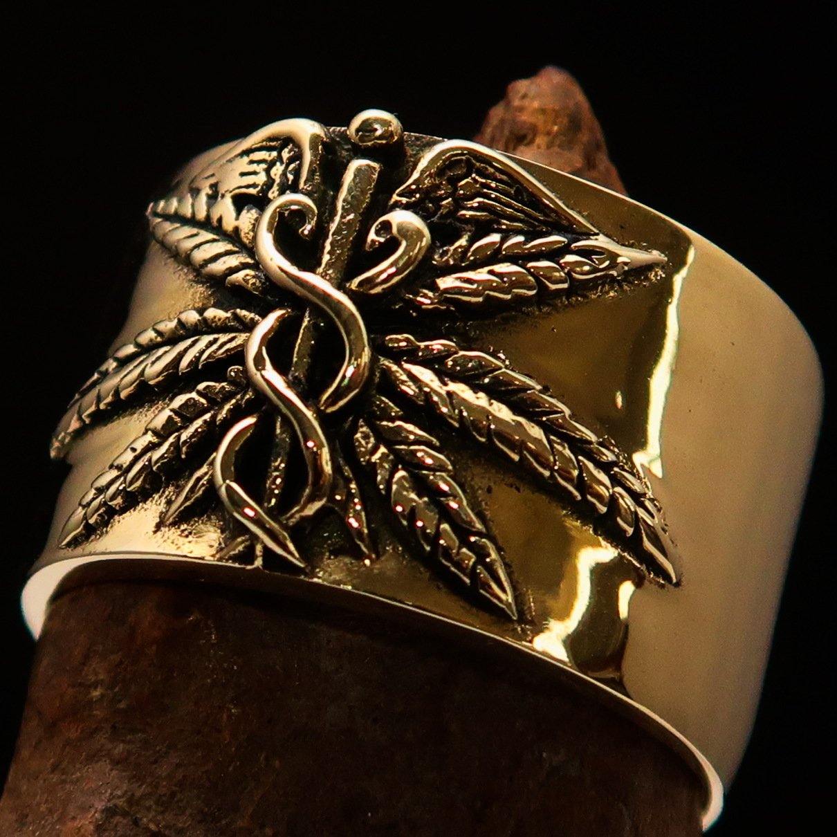 Men's Medical Weed Ring made of solid brass featuring a detailed marihuana leaf design, polished and antiqued for a stylish look.