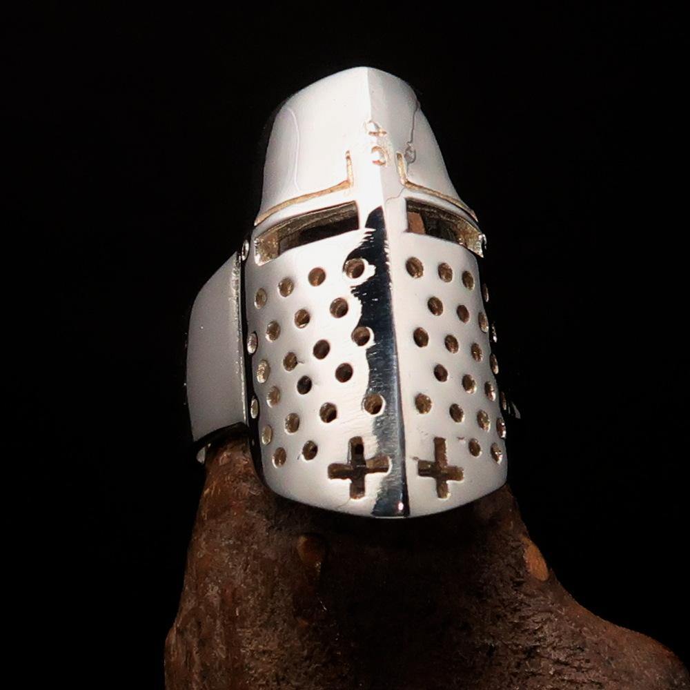 Men's Medieval Ring featuring a Templar Knight Helmet, crafted from solid sterling silver with a polished finish.