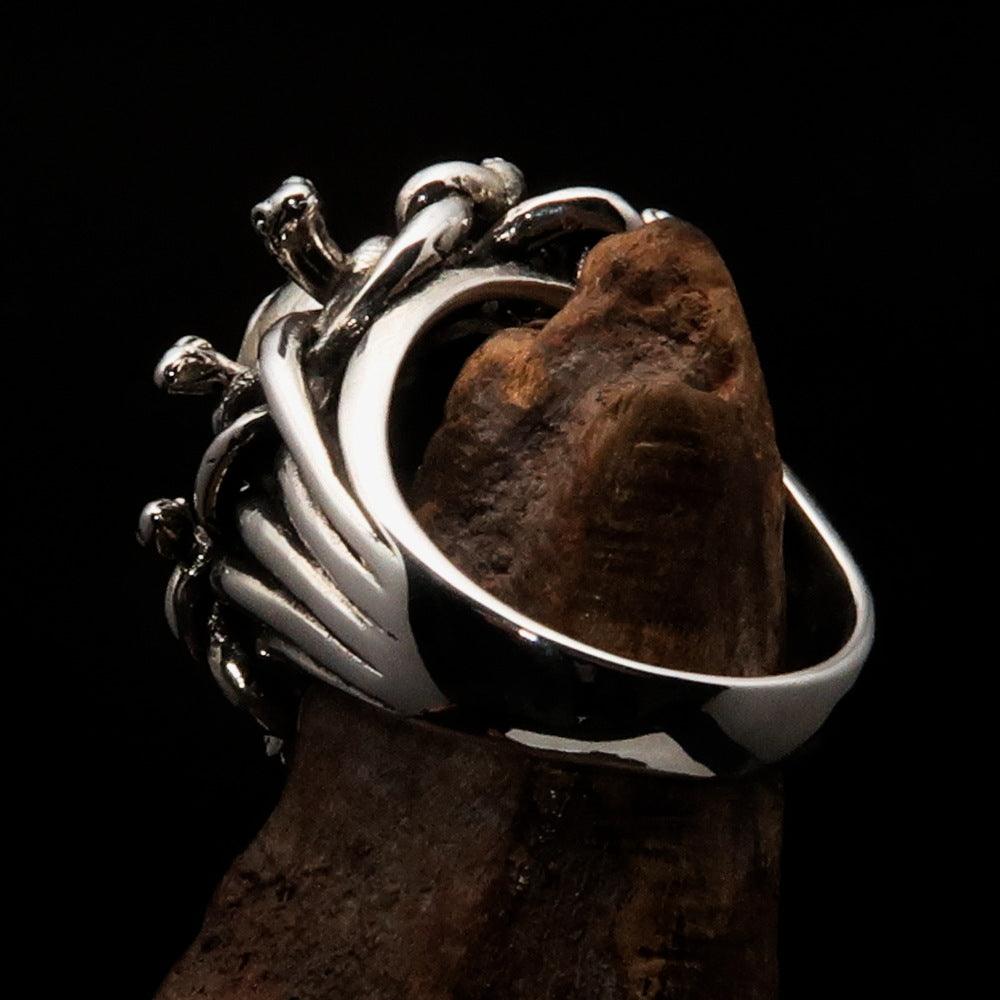 Men's Medusa Head Skull Ring made of antiqued sterling silver, featuring intricate snake designs and a polished finish.