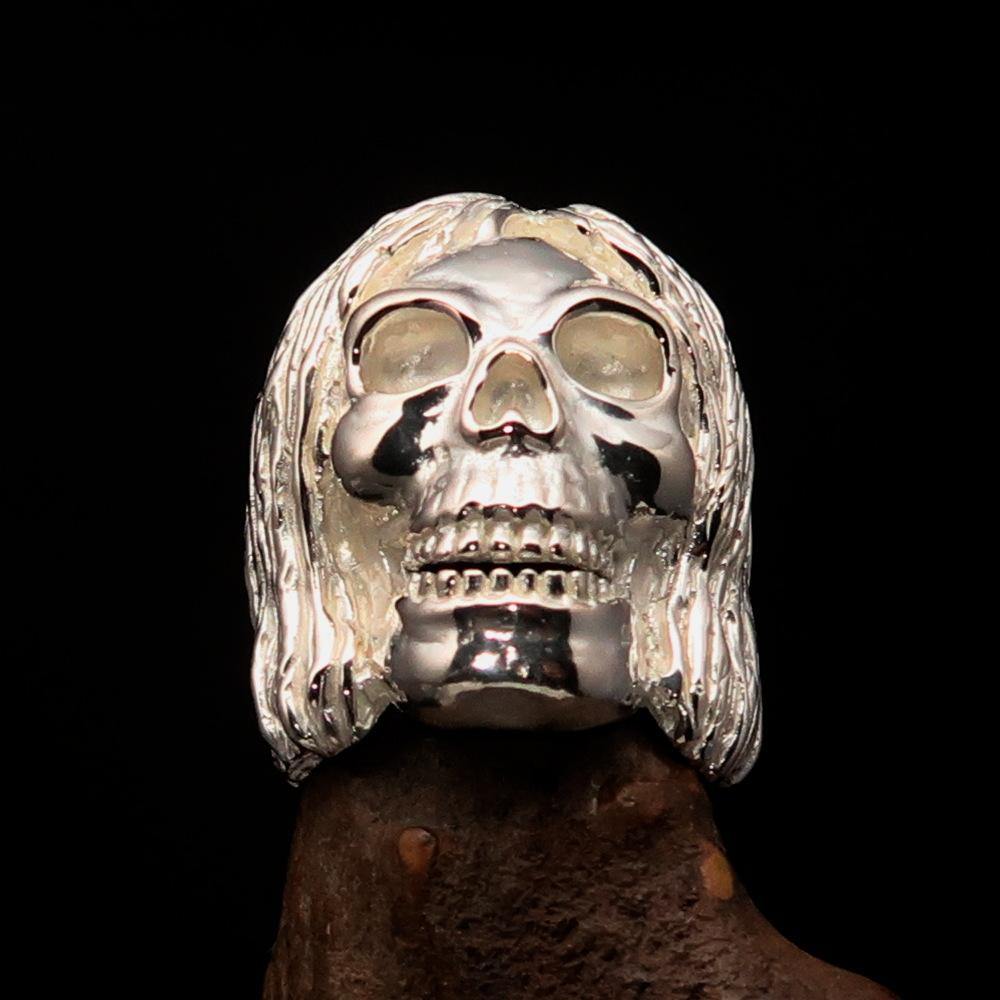 Men's Mirror Polished Sterling Silver Hippie Skull Ring with a sleek finish and unique design, showcasing its craftsmanship and quality.