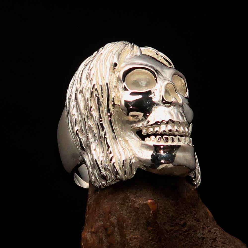 Men's Mirror Polished Sterling Silver Hippie Skull Ring with a sleek finish and unique design, showcasing its craftsmanship and quality.