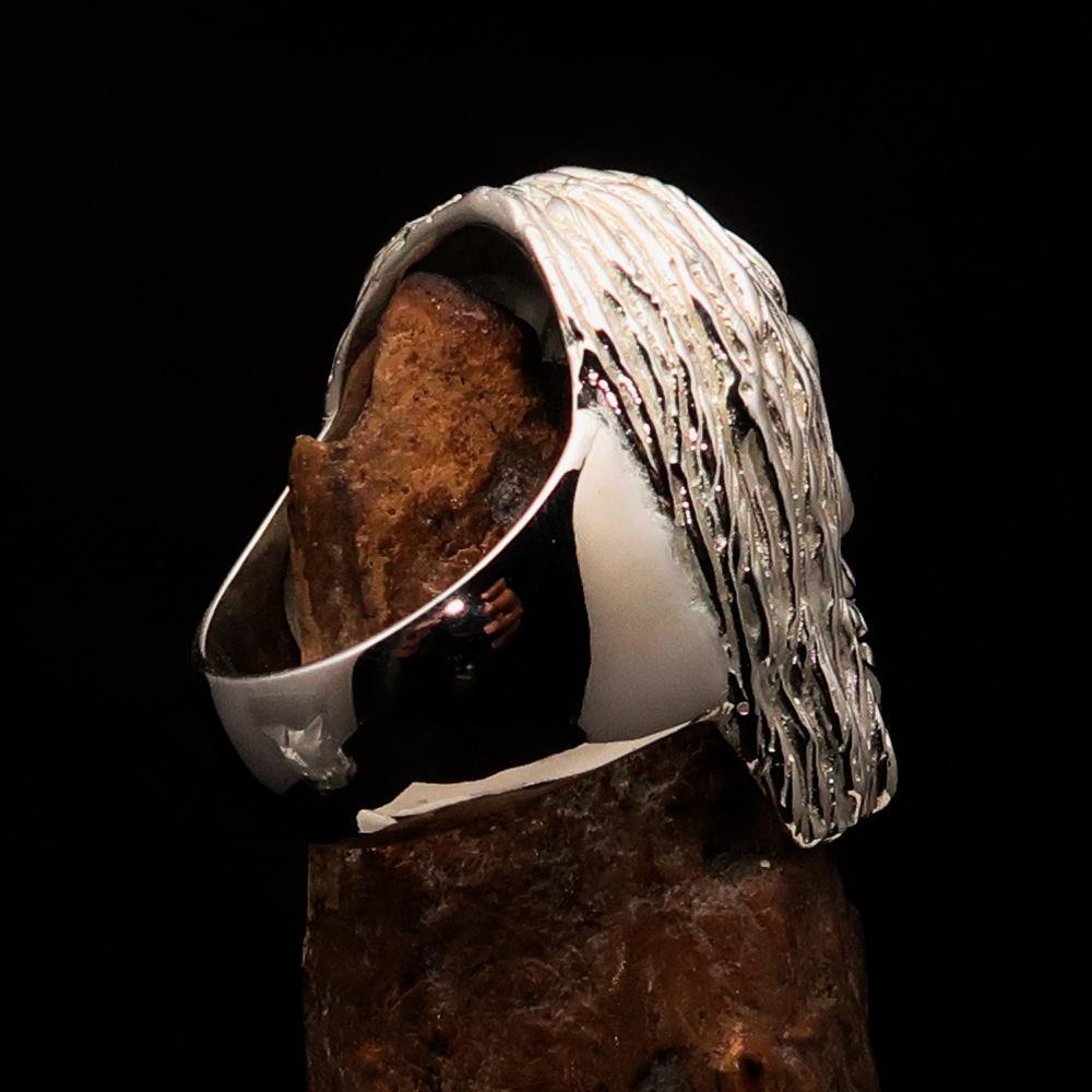 Men's Mirror Polished Sterling Silver Hippie Skull Ring with a sleek finish and unique design, showcasing its craftsmanship and quality.