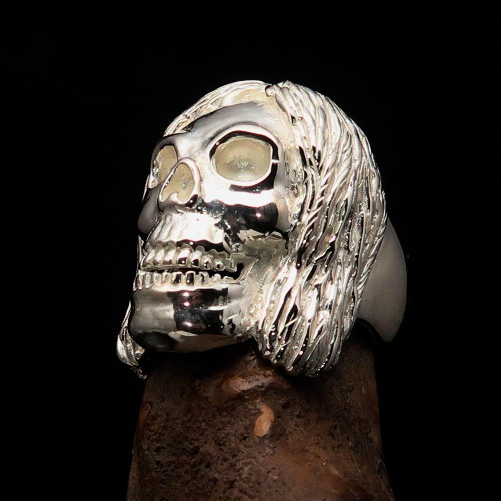 Men's Mirror Polished Sterling Silver Hippie Skull Ring with a sleek finish and unique design, showcasing its craftsmanship and quality.