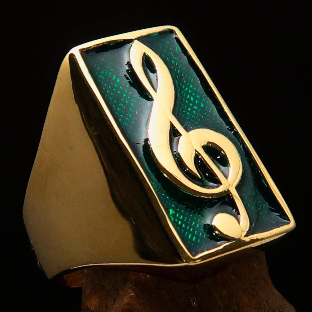 Men's Musician Ring made of solid brass featuring a green Treble Clef symbol, high polished with enamel finish.