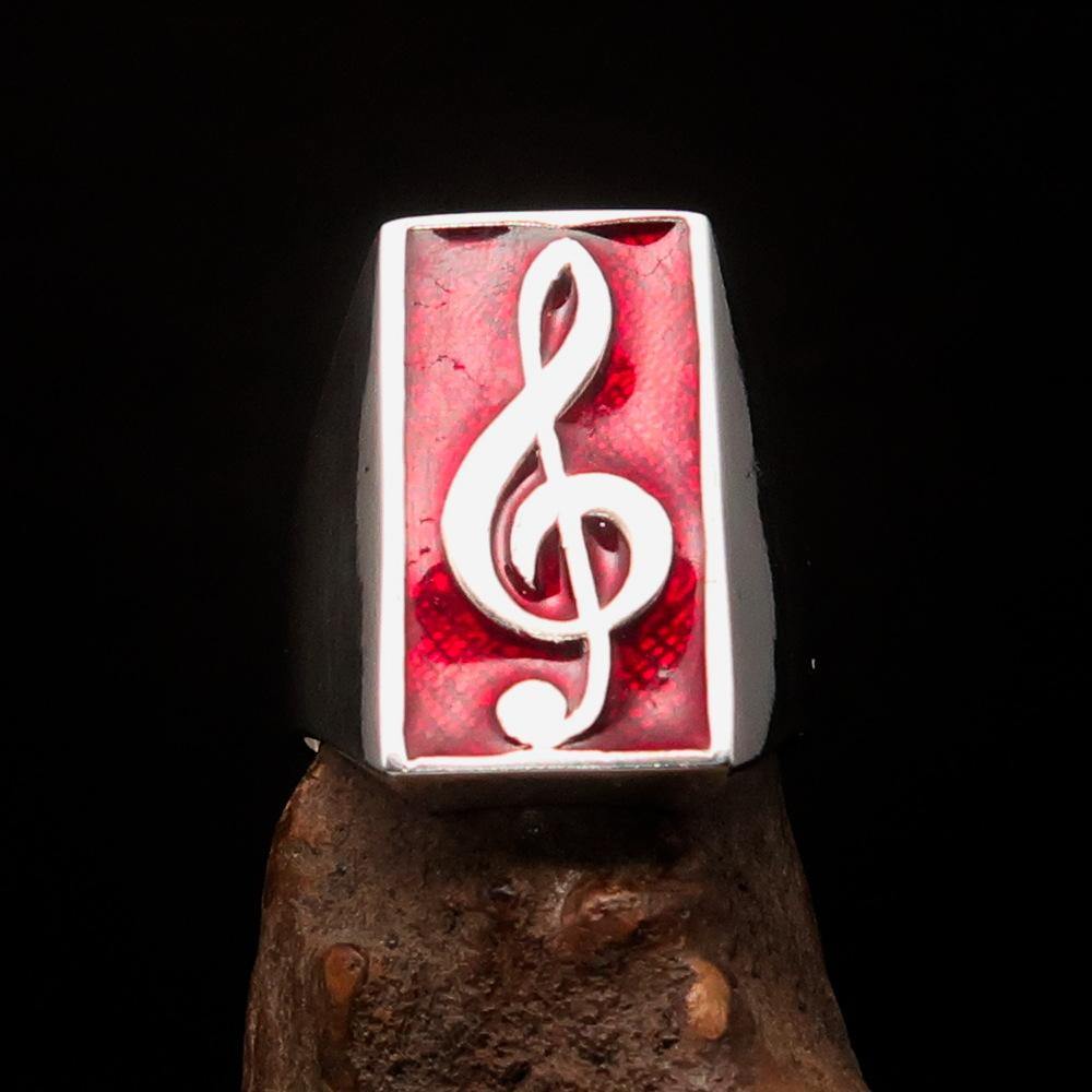 Men's Musician Ring featuring a red Treble Clef symbol, crafted from solid sterling silver with high polish and enamel finish.