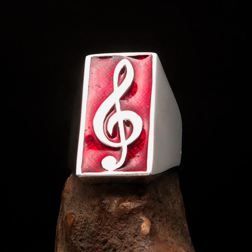 Men's Musician Ring featuring a red Treble Clef symbol, crafted from solid sterling silver with high polish and enamel finish.