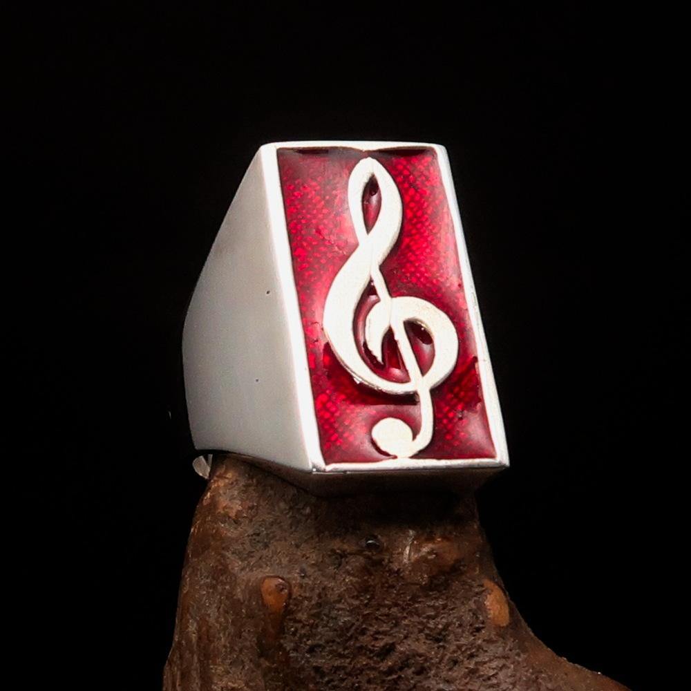 Men's Musician Ring featuring a red Treble Clef symbol, crafted from solid sterling silver with high polish and enamel finish.