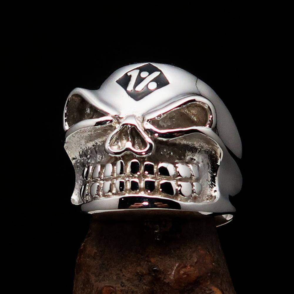 Excellent Crafted Men's Outlaw Black 1% er Gnome Skull Ring made of sterling silver with black enamel finish, showcasing a gnome skull design.